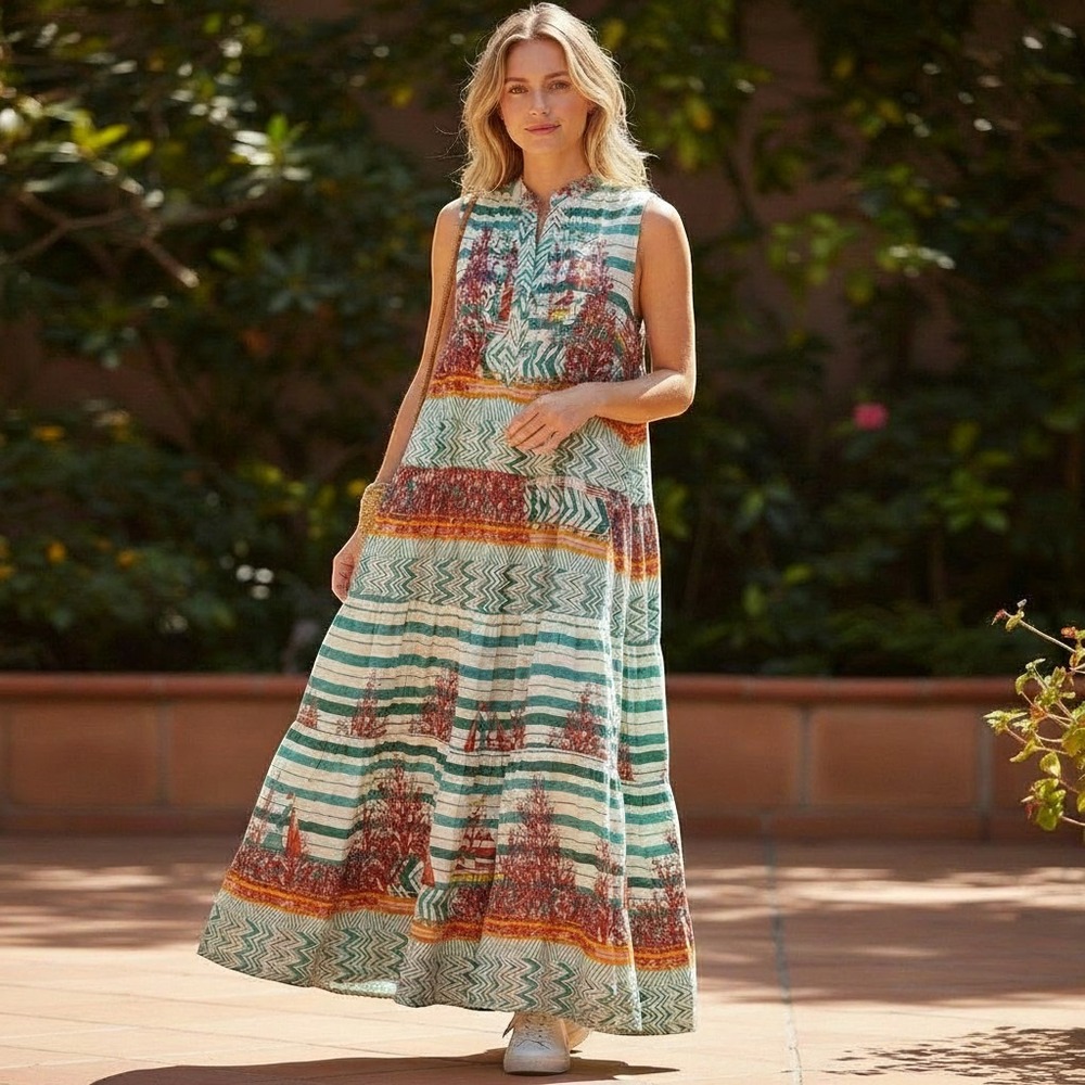 POL Nautical Coastal Print Beaded Cowrie Shell Tiered Maxi Dress Teal Red Large